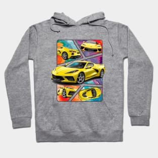 Multiple Angles of the Accelerate Yellow C8 Corvette Presented In A Bold Vibrant Panel Art Display Supercar Sports Car Racecar Accelerate Yellow Corvette C8 Hoodie